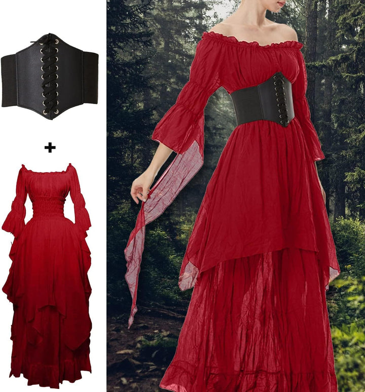 Halloween Kostüm Damen Mittelalter Renaissance Kleidung mit Korsett Gürtel Retro Maxikleid Viktorian