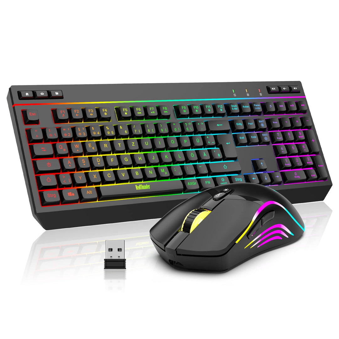 RedThunder K20 Rechargeable Kabelloses Tastatur und Maus Set, QWERTZ DE Layout, RGB Hintergrundbeleu