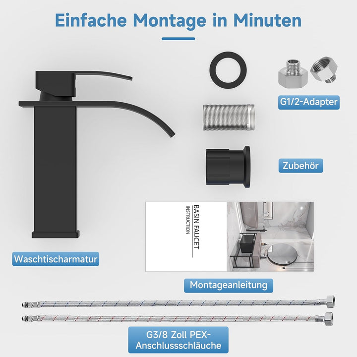 Wasserhahn Bad Schwarz Matt, Wasserfall Wasserhahn, Einhebelmischer Waschbecken，Einloch-Waschtischar