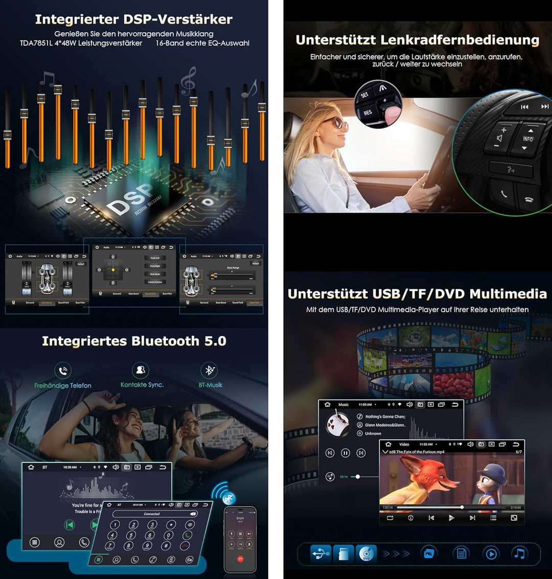 Erisin 7 Zoll 8-Kern 4GB RAM+64GB ROM Doppel Din Android 14 Autoradio mit Navi GPS Unterstützt Bluet