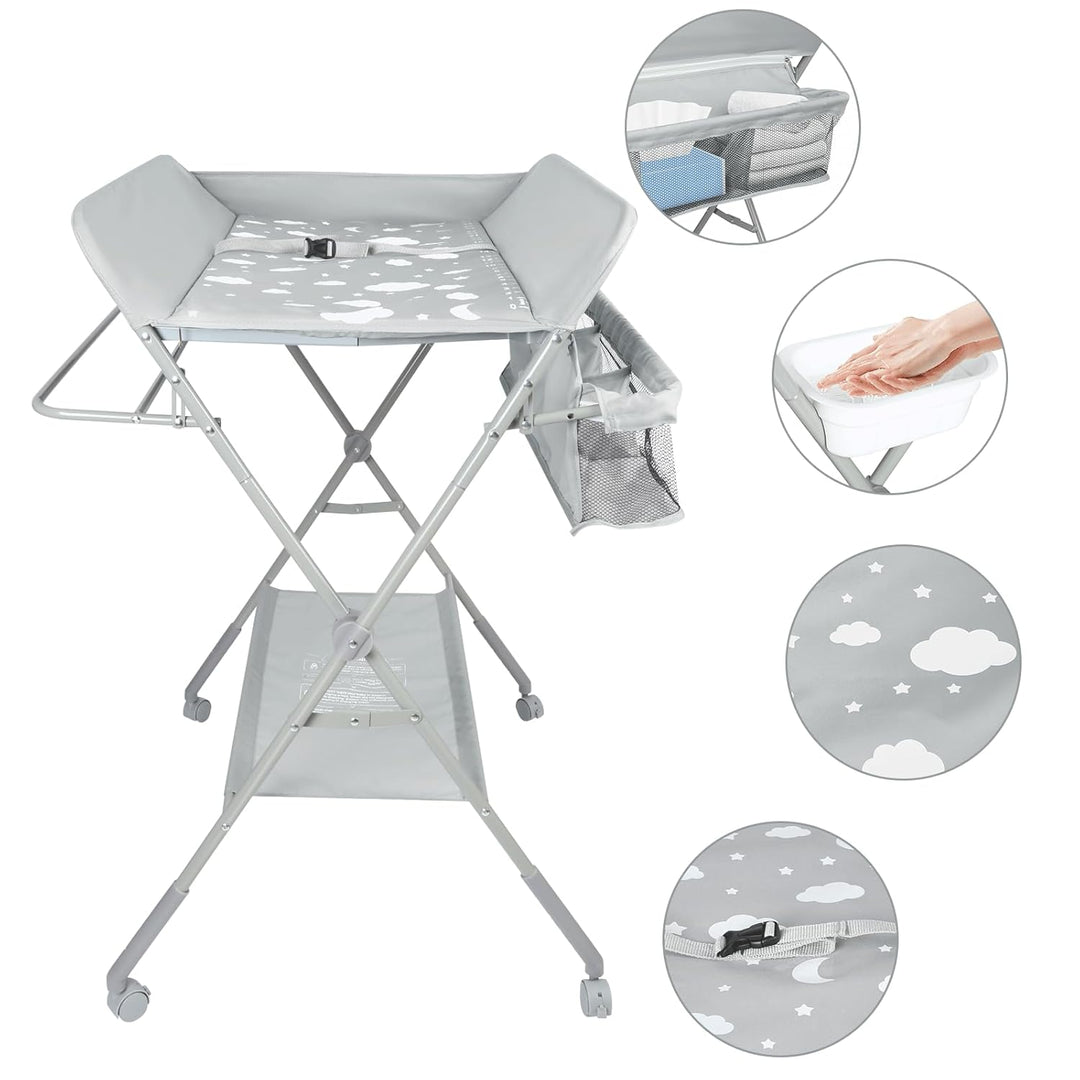 OHMG Baby Wickelkombi Klappbare Wickelkommode,Wickeltisch mit Rollen,Mobiler Wickeltisch mit Wickela