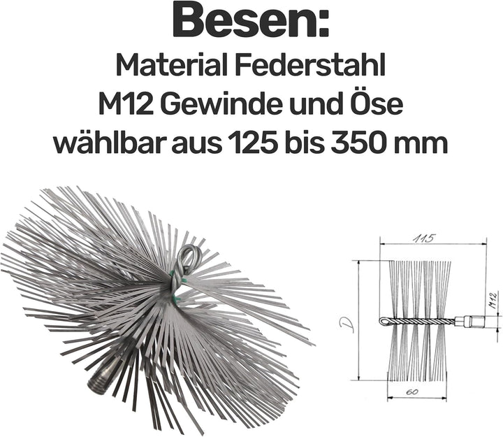Schornsteinbesen Federstahl, Schubstange 1,5m, Besengrösse 125mm, Reinigungsset für effiziente Schor