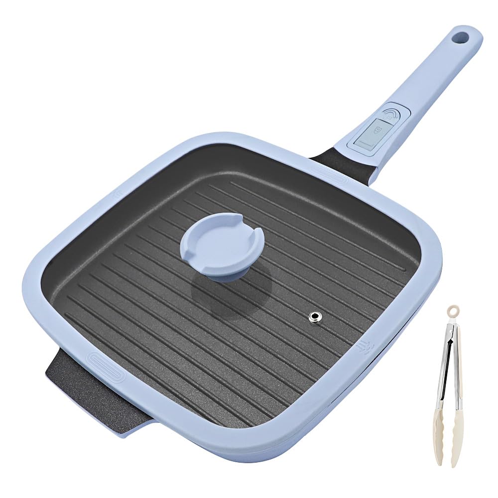 RANX INGST Grillpfanne Induktion mit Deckel 26 x 24 cm, Steakpfanne Eckig mit Abnehmbarer Griff, Gri