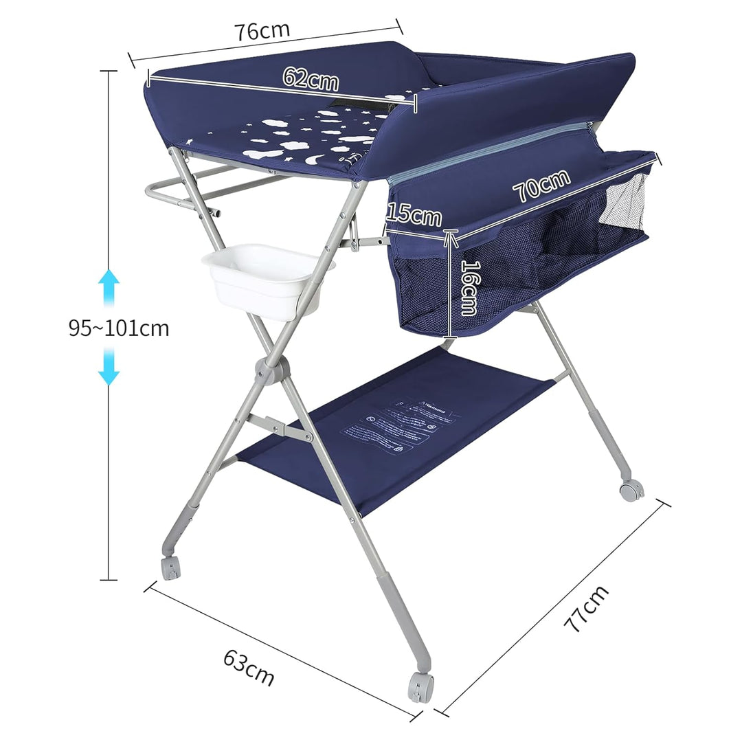 OHMG Baby Wickelkombi Klappbare Wickelkommode,Wickeltisch mit Rollen,Mobiler Wickeltisch mit Wickela