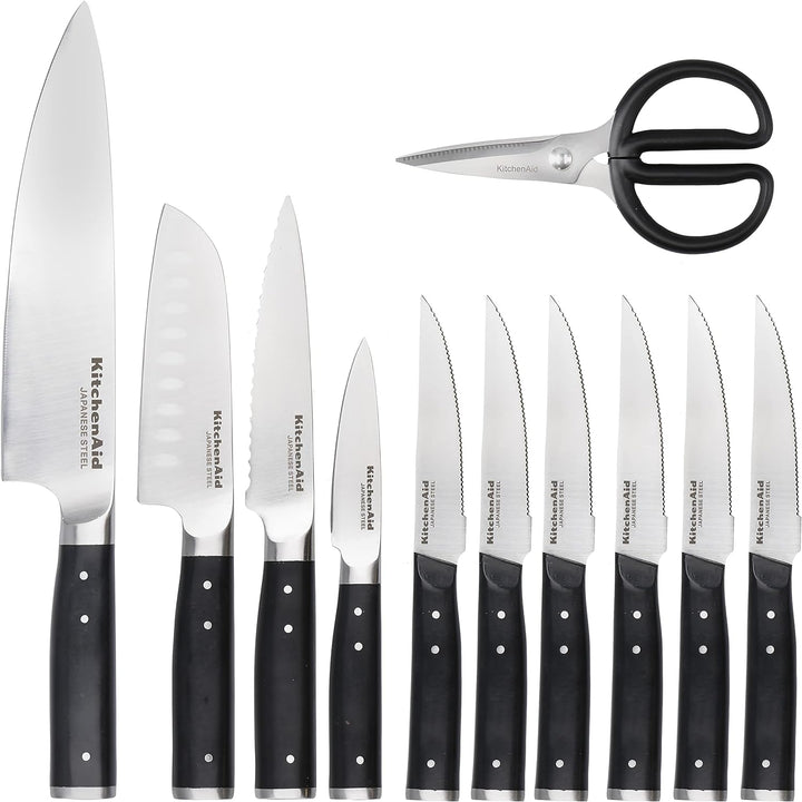 KitchenAid Gourmet 11-Piece Japanese Steel Knife Set with Sharpener and Birchwood Block Knife Set &