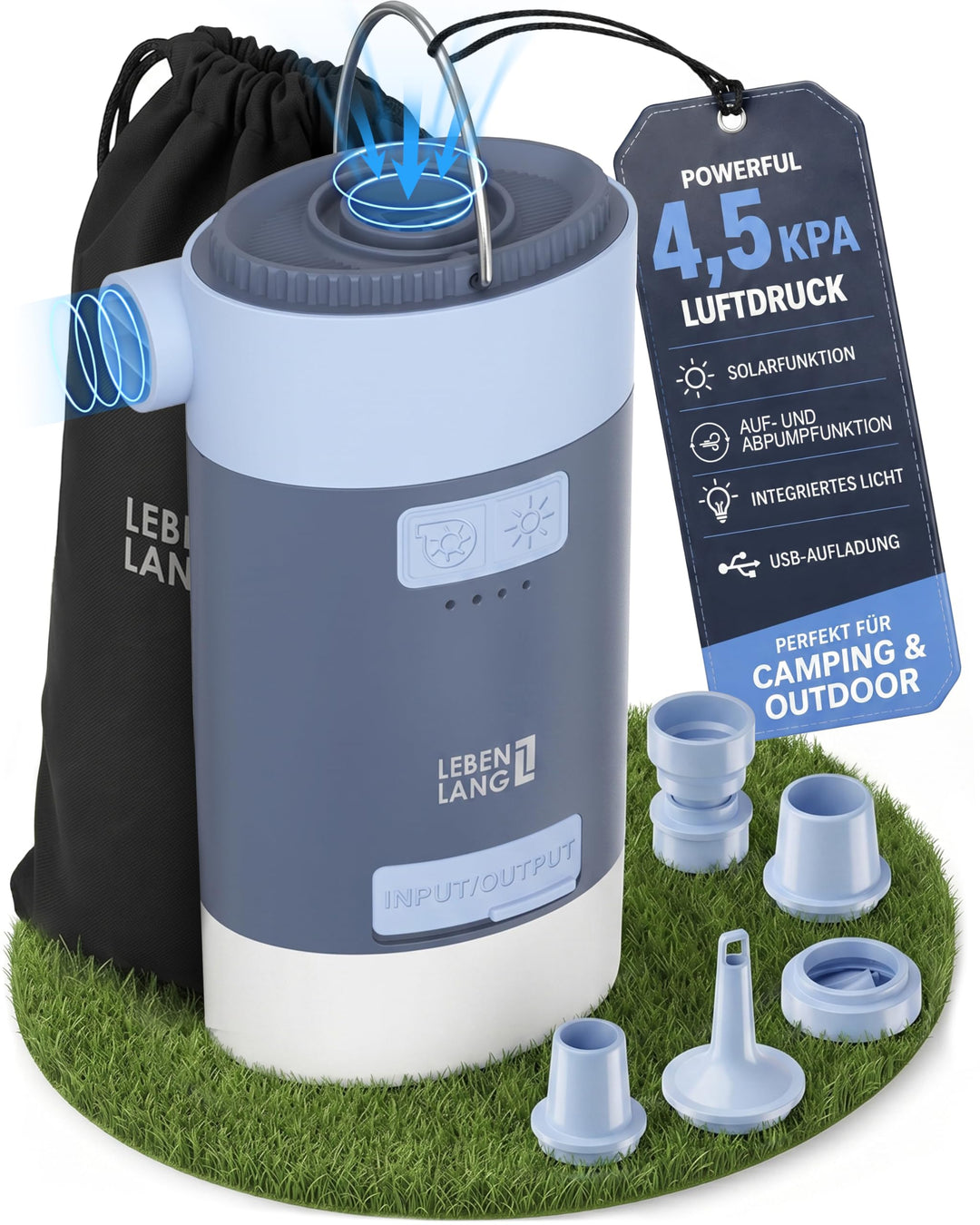 LEBENLANG 3 in 1 Elektro Luftpumpe Akku - 4,5kPa & 4000mAh mit Solarpanel I IPX4 Elektrische Pumpe A