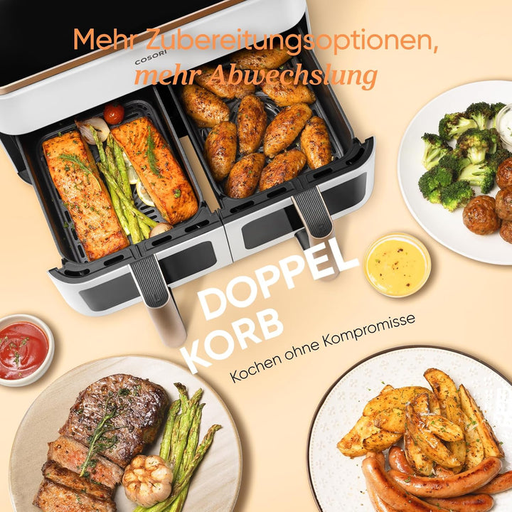 COSORI Heissluftfritteuse 2 Kammern, Testsieger der Stiftung Warentest, 8,5 L 6-in-1 Airfryer mit Si