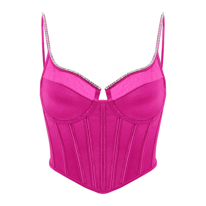 Naimo Damen Seide Satin Top Strass Korsett Bustier Cami Sexy Ärmellos Spaghettiträger Crop Tank Top