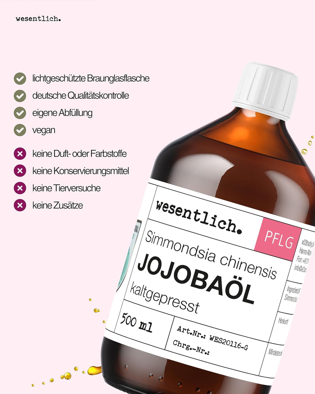 wesentlich. Jojobaöl kaltgepresst 500ml | nativ - 100% reines Jojobaöl | vegan | Haut - Haare - Bart