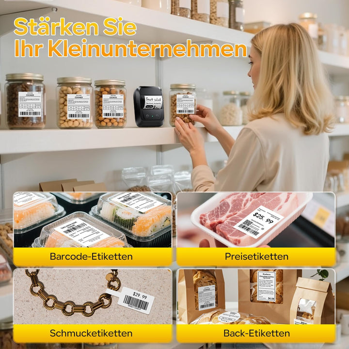 Memoking Bluetooth Etikettendrucker mit 3 Etiketten, Tragbarer Etikettendrucker Selbstklebend mit 30