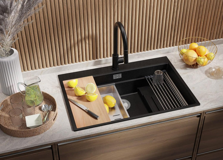 Spülbecken Schwarz 78x53 cm, Granitspüle 1 Becken + Ablauf-Set + Küchenarmatur, Küchenspüle ab 80er