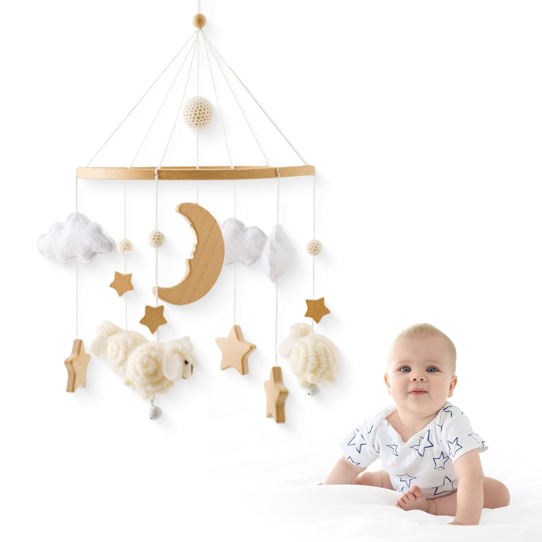 Promise Babe Baby Mobile Holz Schaf Baby Windspiele mit Filzkugeln Holz Stern Mond Baby Mädchen Mobi