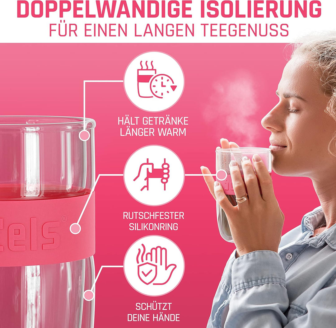 Glasbecher 380ml – Teebecher mit Sieb+Deckel, doppelwandig, Teetasse mit Edelstahl-Sieb, Keramik-Dec