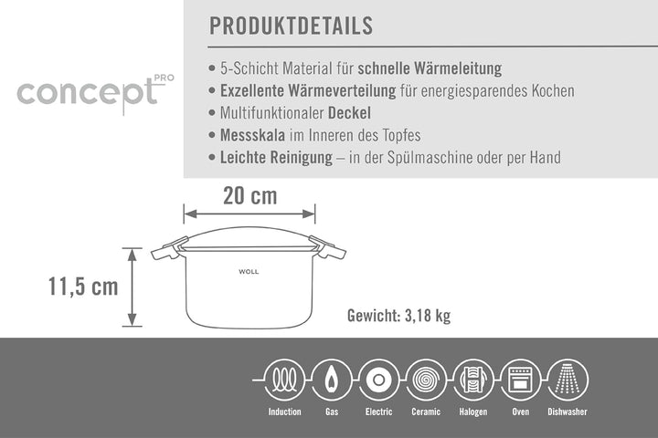 Woll 120CO Kochtopf 20 cm / 11.5 cm hoch für 3.5 L mit Deckel