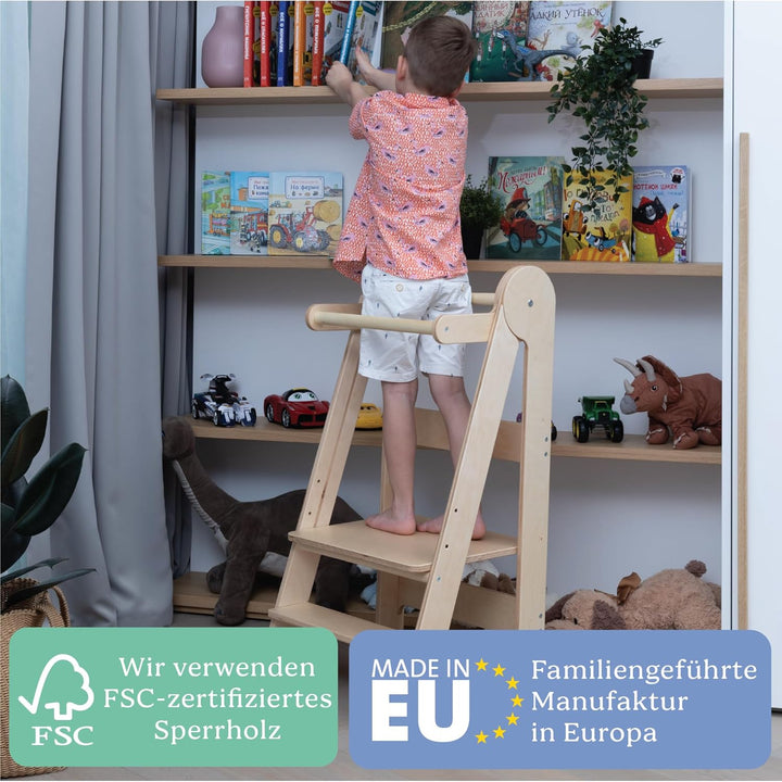 TOYBOX Montessori Kleinkind-Turm &amp; faltbarer Holz Tritthocker - Faltbare Küchenhilfe für Kleinkinder