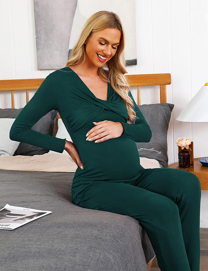 Stillpyjama Damen Lang Stillschlafanzug Baumwolle Umstandspyjama Lang Schwangerschaft Pyjama Stillfu