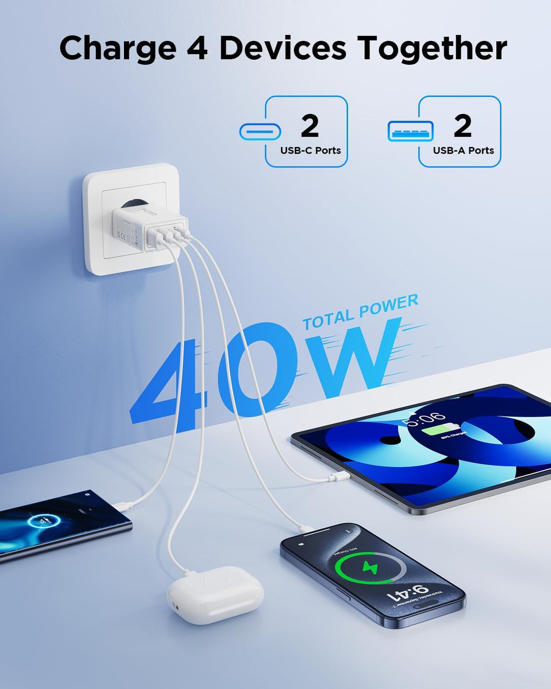 2-Pack USB C Ladegerät, 40W 4-Port Netzteil USBC Stecker Mehrfach Ladegerät mit PD+QC, Schnellladege