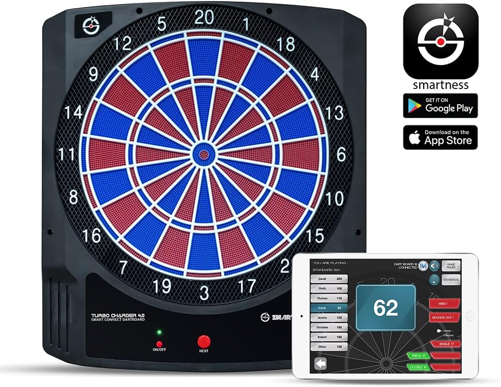 Carromco Elektronische Dartscheibe mit App - Turbo Charger 4.0 - Set: 6 Softdarts, 20 Ersatzspitzen,