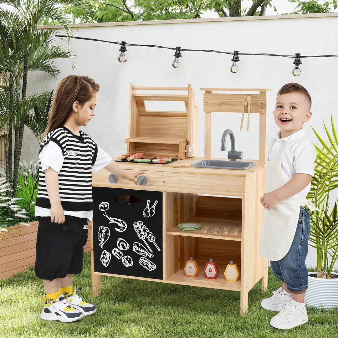 HOMASIS Matschküche Kinder Outdoor, Kinderküche mit BBQ-Grill Tafel Waschbecken Spüle, Spielküche mi