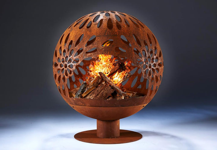 Kobolo Feuerschale Feuerkorb Bloom Kugelform 60x60x69cm Durchmesser 60cm mit Motiv - Metall Rostopti