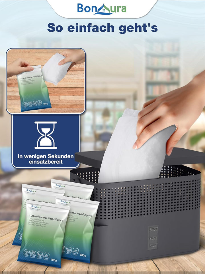 BonAura® AirOne Max Luftentfeuchter Nachfüllpack I 6er Set 980g Luftentfeuchter Granulat I Entfeucht