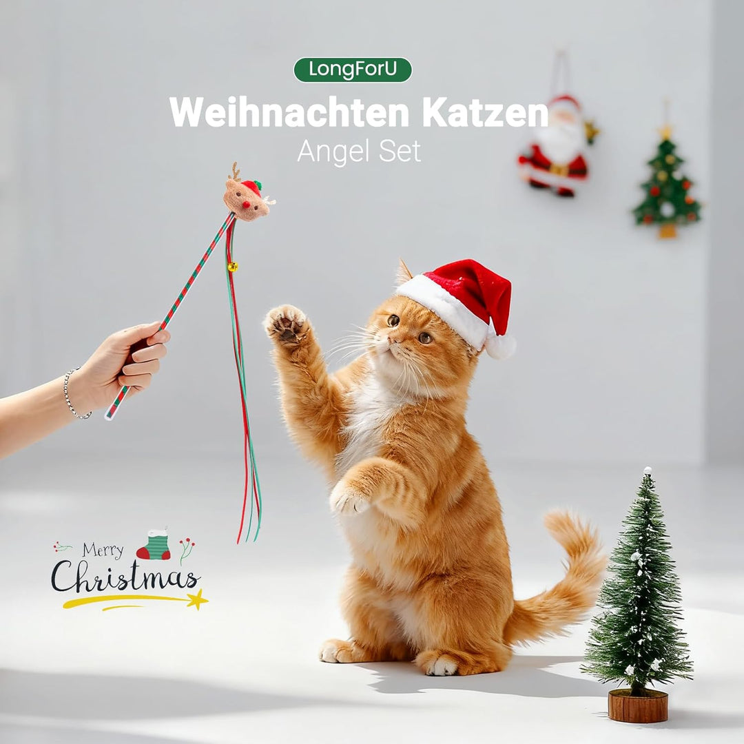 4 Stück Katzen Spielzeug Weihnachten Set - Interaktives Katzenangel Katzenspielzeug-Stab und Katzens