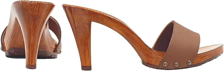 Kiara Shoes Damen Clogs mit sexy Absatz und Lederband Made in Italy - K6102 Cuoio (35, BRAUN) 35 EU