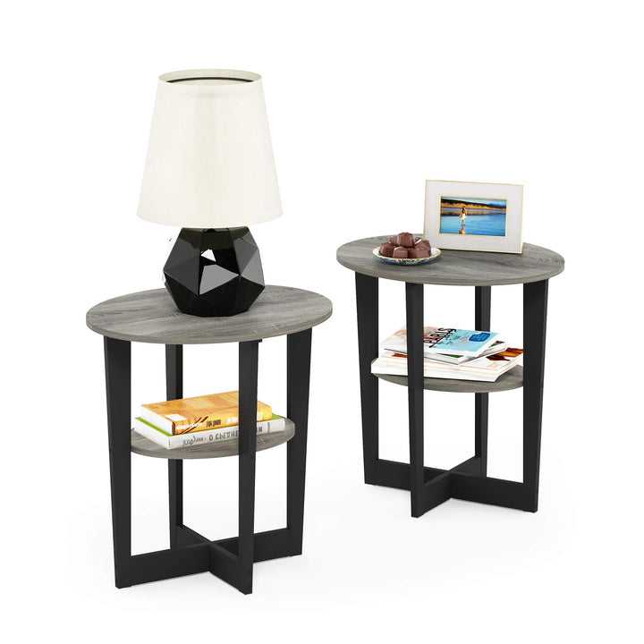 Furinno Jaya Oval Beistelltisch, Holz, French Oak Grey/Black, 2-Pack 2-Pack French Oak Grey/Black, 2