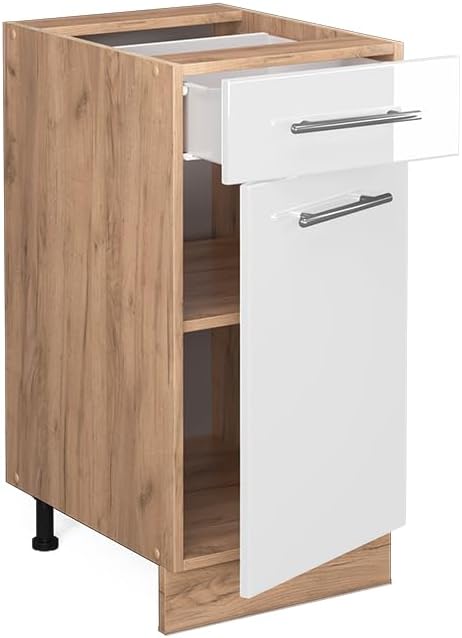 Vicco Küchenunterschrank Fame-Line, Weiss Hochglanz/Goldkraft Eiche, 40 cm, AP Marmor, Weiß Hoc