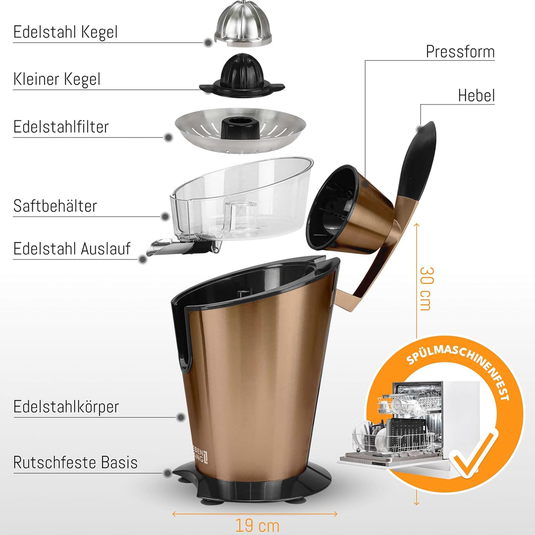 LEBENLANG Saftpresse elektrisch 600W - Inkl. Edelstahlkegel & BPA-Frei I Hohe Ergiebigkeit I Orange