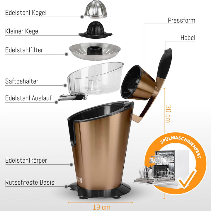 LEBENLANG Saftpresse elektrisch 600W - Inkl. Edelstahlkegel & BPA-Frei I Hohe Ergiebigkeit I Orange