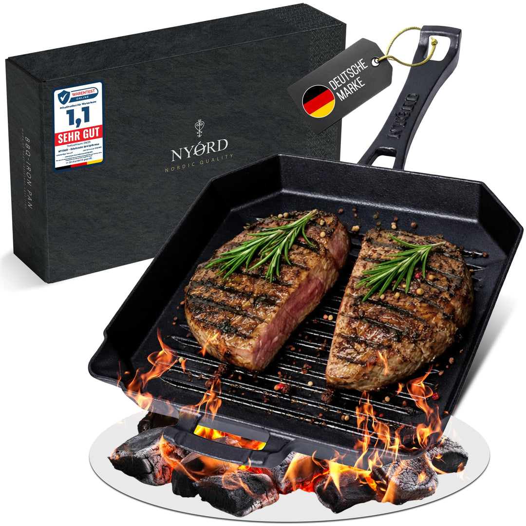 NYORD Gusseisenpfanne mit Grillrillen [TESTSIEGER] | Cast Iron BBQ Grillpfanne | Steakpfanne aus Gus