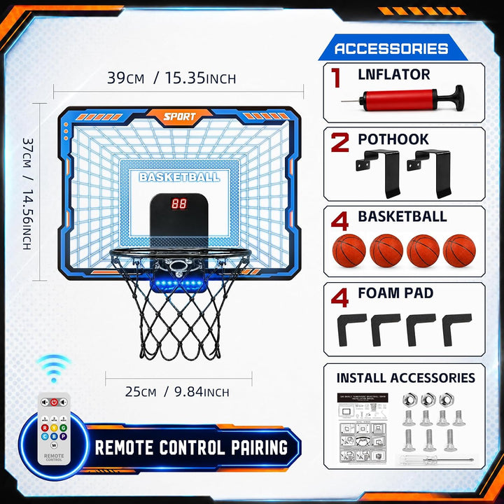 YESHIN Indoor Basketballkorb Kinder mit 7 Farb-LED Licht &amp; Fernbedienung, Mini Basketball Set für Tü