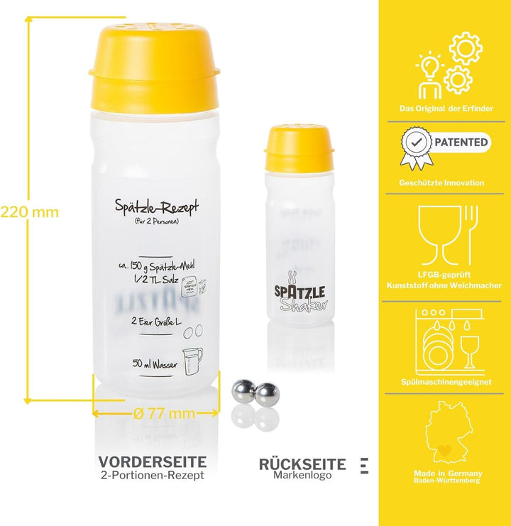 Spätzle-Shaker (GELB) für 2 Portionen selbstgemachte Spätzle (675ml) Spätzlepresse und Mixer in eine
