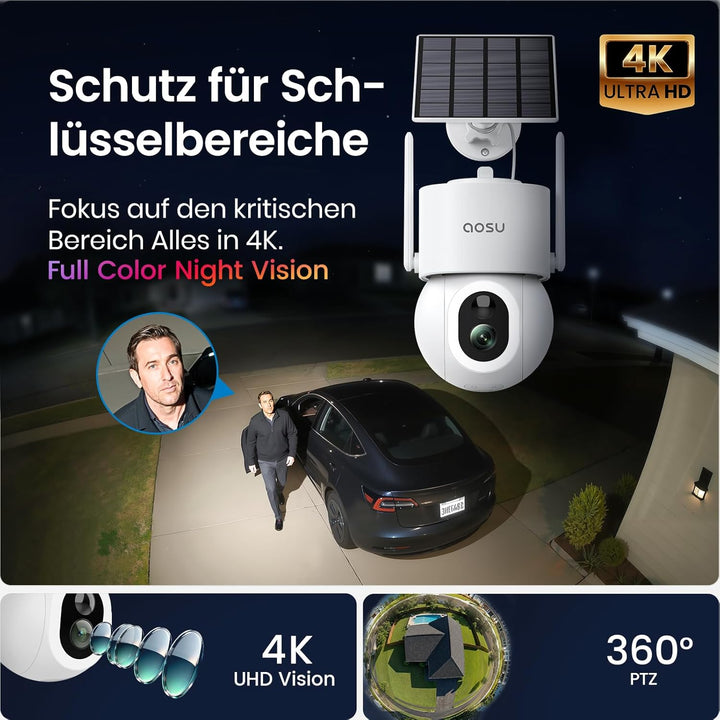 aosu 4K 8MP Überwachungskamera Aussen Solar Akku UHD mit Licht 360° PTZ Kein ABO Nötig WLAN Kamera Ü
