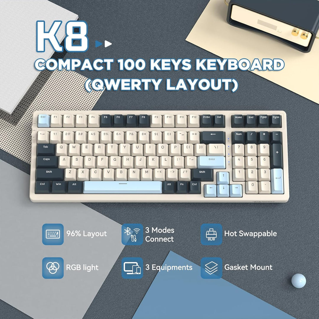 MAMBASNAKE K8 Bunte mechanische 3-Modu Tastatur, 2.4G kabellose Bluetooth Gaming Tastatur mit Spiral