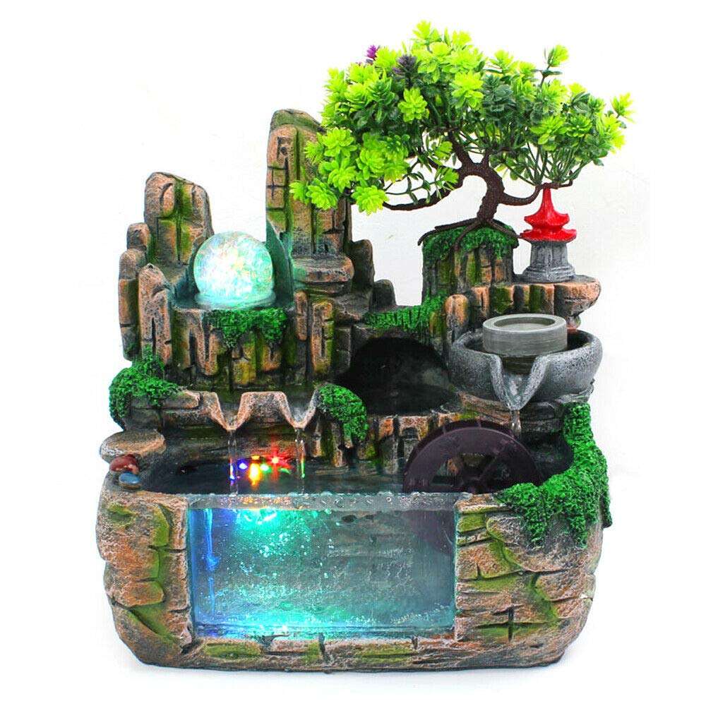 Sallurmose Desktop-Wasserbrunnen, Mini-Desktop-Wasserfallbrunnen mit rollender Kugel, Wasserrad, Des