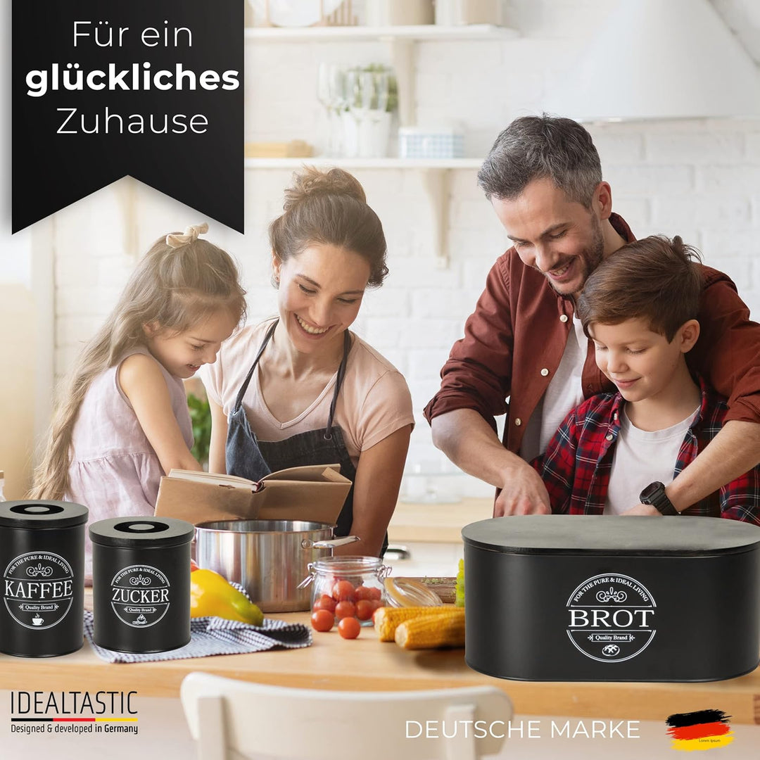 IDEALTASTIC® Premium 2-in-1 Brotkasten schwarz mit effizientem Schneidebrett-Deckel I Länger frischh