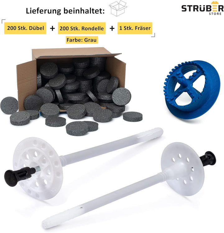 STRÜBER WDVS SET (Ø10x120mm Dämmstoffdübel mit Metalldorn 200St + Grau Styropor Rondelle 200St + Sty