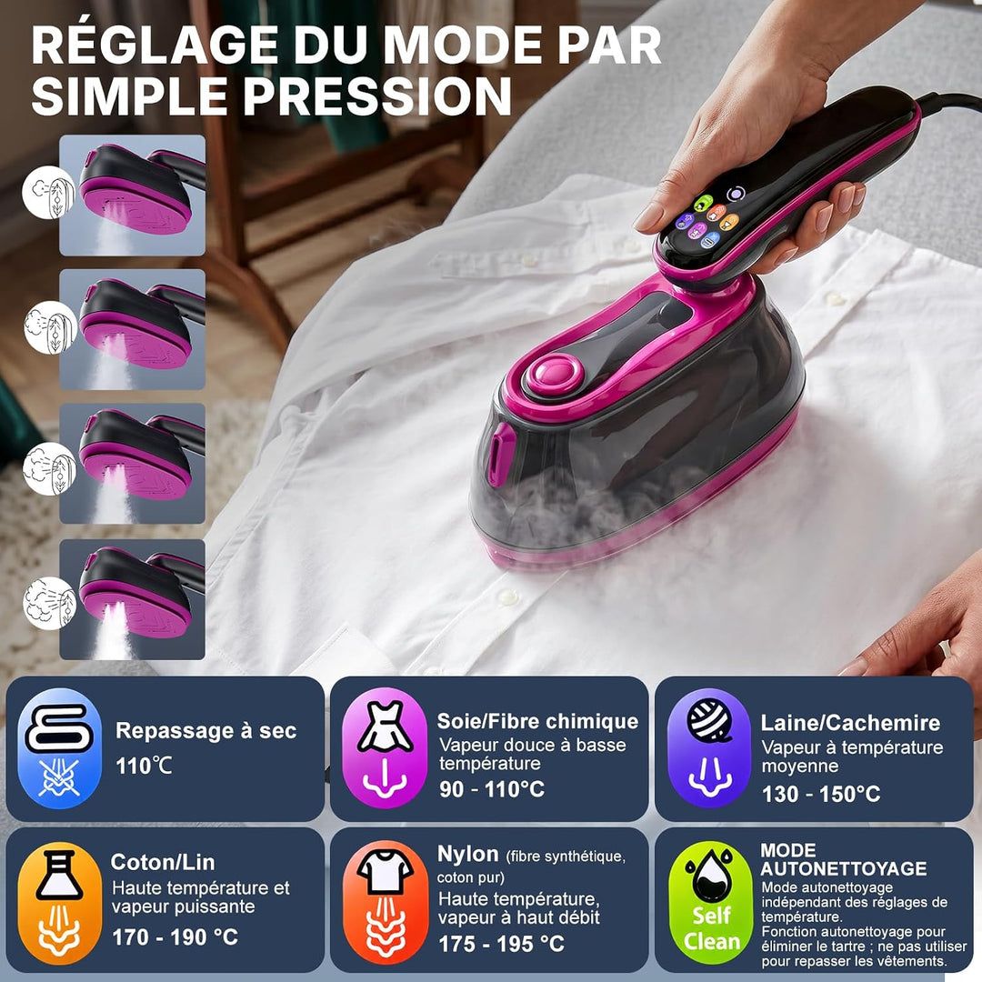 Dampfglätter 2 in 1, Handdampfglätter 1300 W, tragbar, Kleidung, Reisebügeleisen, Touchscreen, mehre