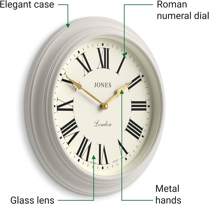 JONES CLOCKS® Supper Club wanduhr | Grosse Klassische runde Uhr | 40 cm | Sehr Blasses Grau | Römisc