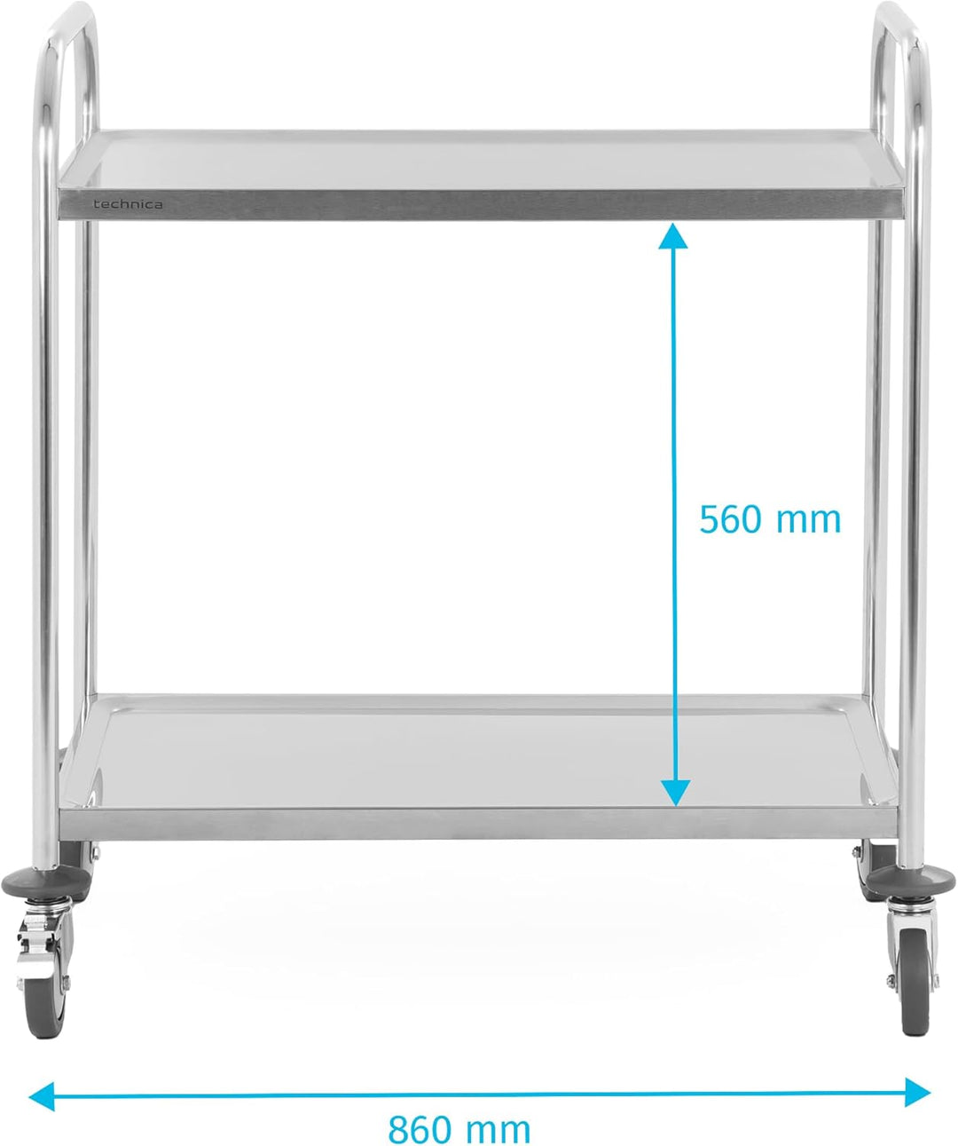TECHNICA Servierwagen Edelstahl 2 Etagen mit Rollen &amp; Bremse Rundgriff Schalldämmmatte 860x540x940mm
