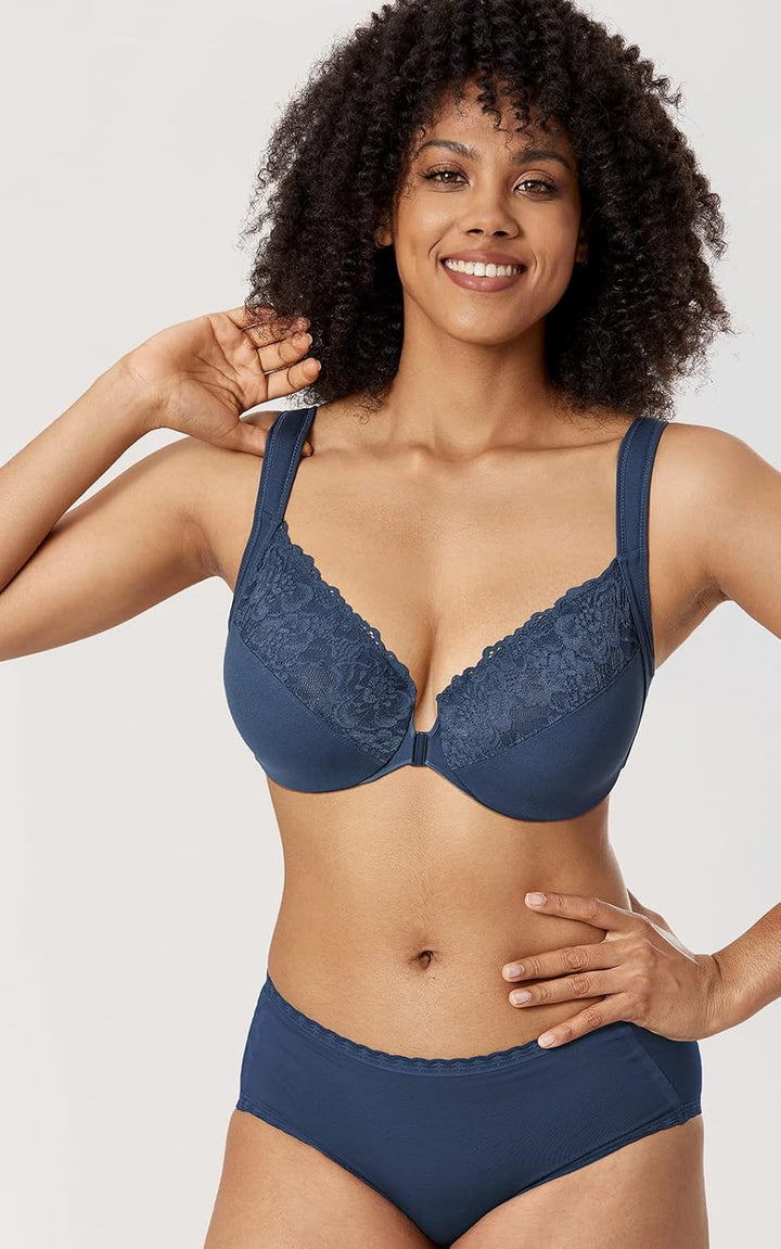 DELIMIRA Damen BH mit Vorderverschluss Bügel Spitzen BHS Grosse Brüste Soft Vollschalen Ungefüttert
