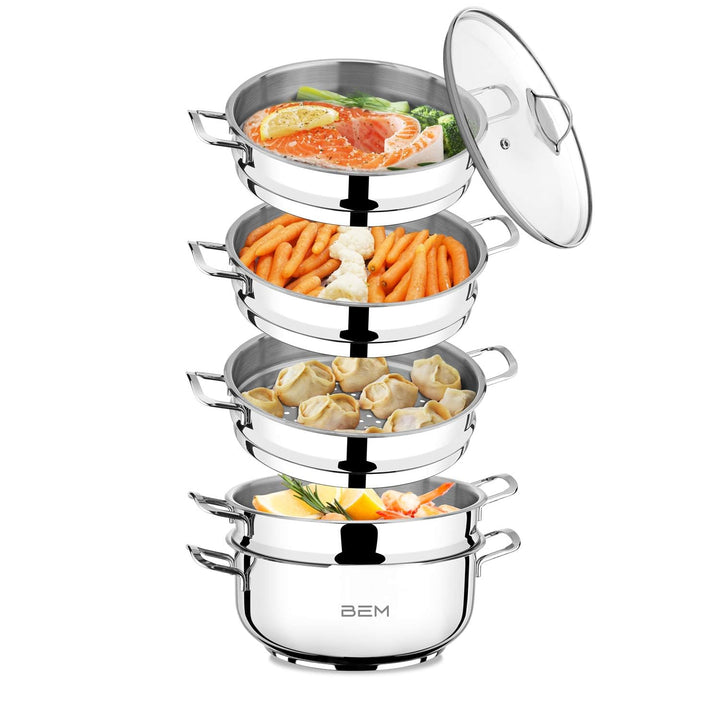 BEM Dampfkocher: 6-tlg Set aus Edelstahl, Ø 28 cm, Russische Mantowarka mit Dampfeinsatz und Glasdec