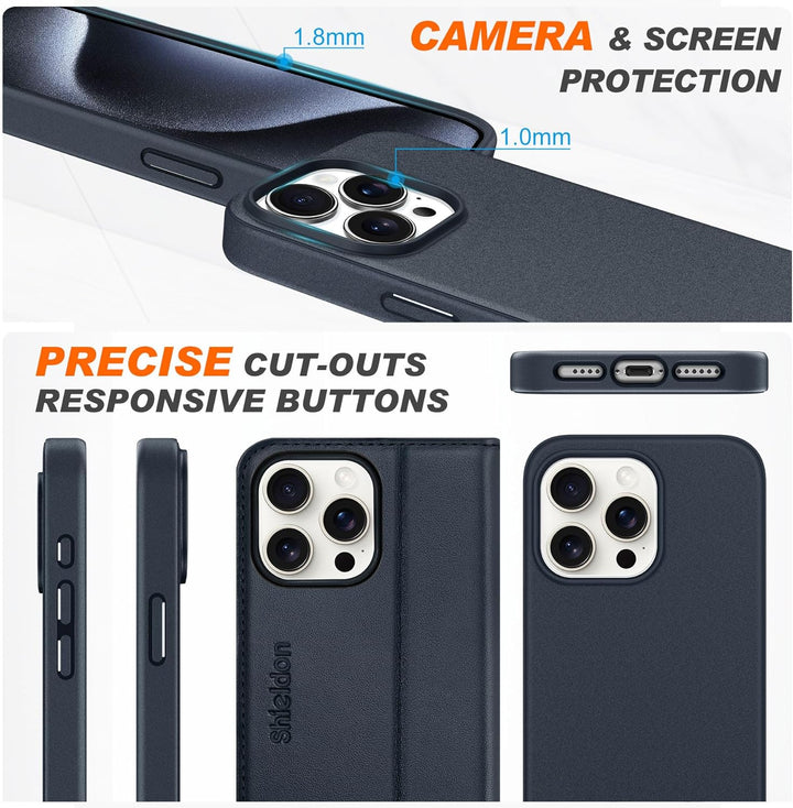 SHIELDON Hülle für iPhone 15 Pro Max, Abnehmbare Handyhülle [Echtleder] [kabelloses Laden] [RFID Blo