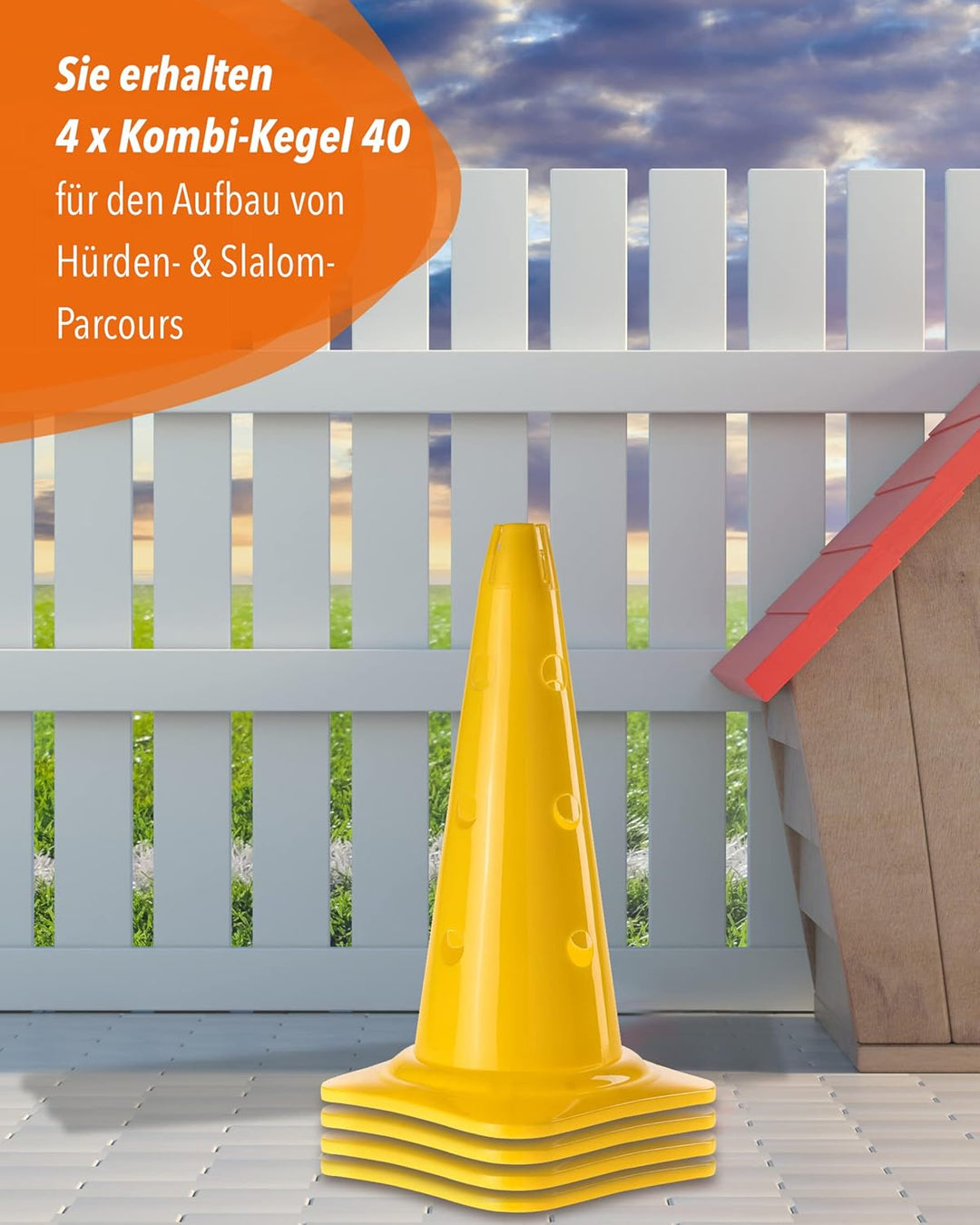 Kombi Kegel 40 – 4er Set – für den Aufbau von Hürden- oder Slalom-Parcours für Agility-Training – Sp
