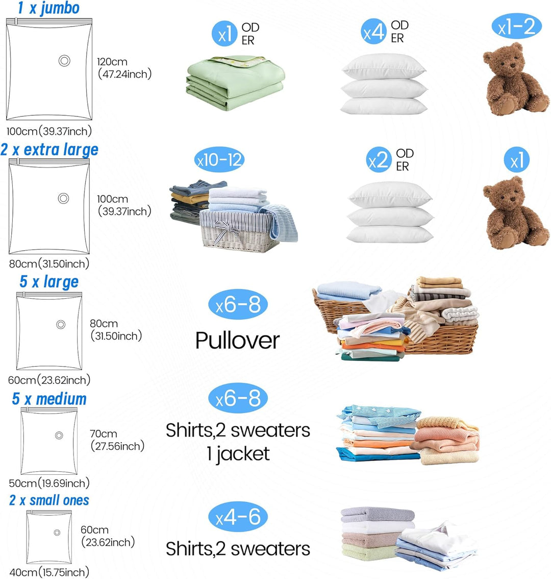 Vakuumbeutel für Kleidung &amp; Bettdecken, 15 Stück Set mit vacuum bags for clothing Handpumpe – Platzs
