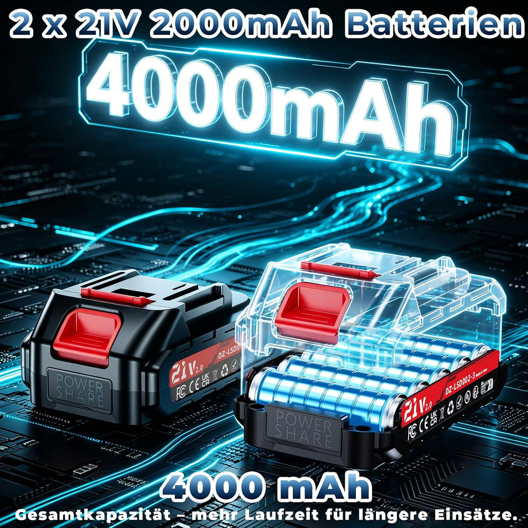 AkkuSchrauber - 21V bürstenloser Akku-Schlagbohrschrauber, 70 Nm, 2 Akkus 2,0 Ah, 25+3 Drehmomentstu