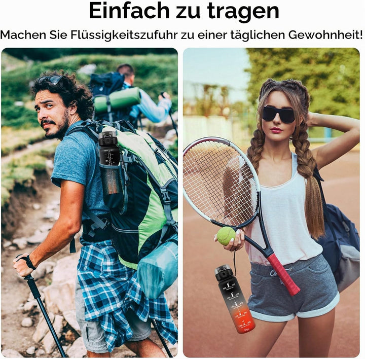 KollyKolla Trinkflasche Kohlensäure Geeignet, 500ml/1L/1.5L, Sport Trinkflasche mit Zeitmarkierung,