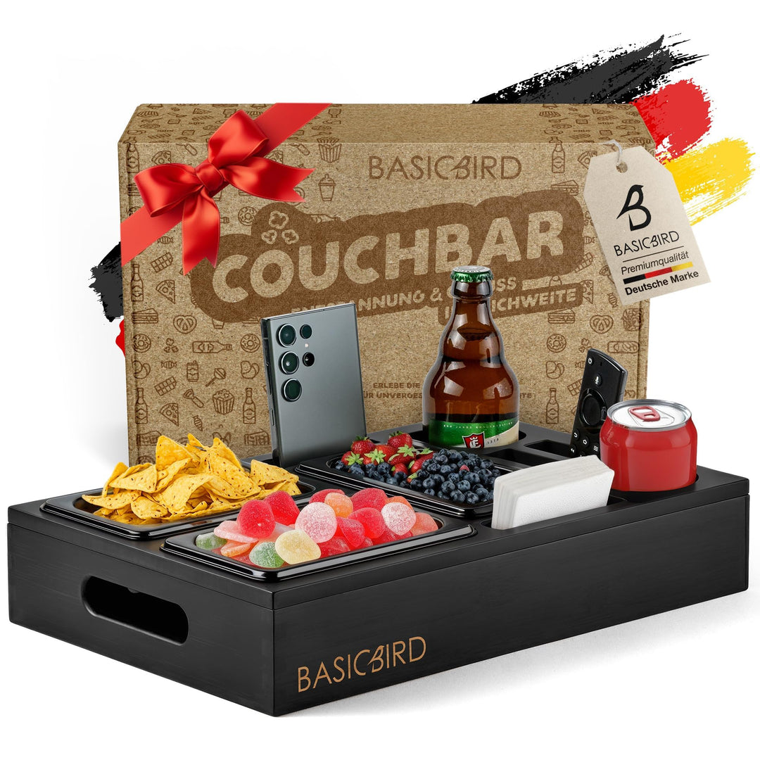 Couchbar Snackbox - Organizer Tablett- Snackspender mit 3X Snackschale - Holz Sofatablett für Sofa,